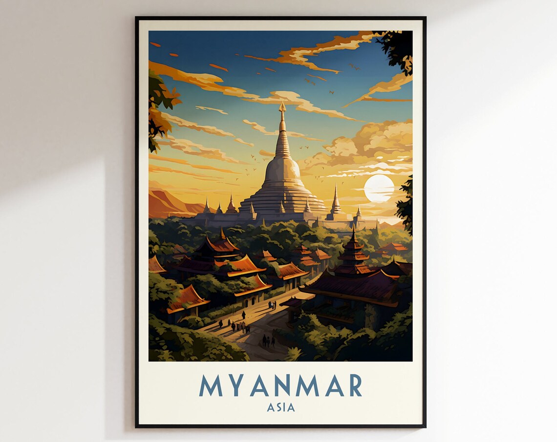 Myanmar Asia Golden Pagodas Sunset Temple Vintage Travel Poster
