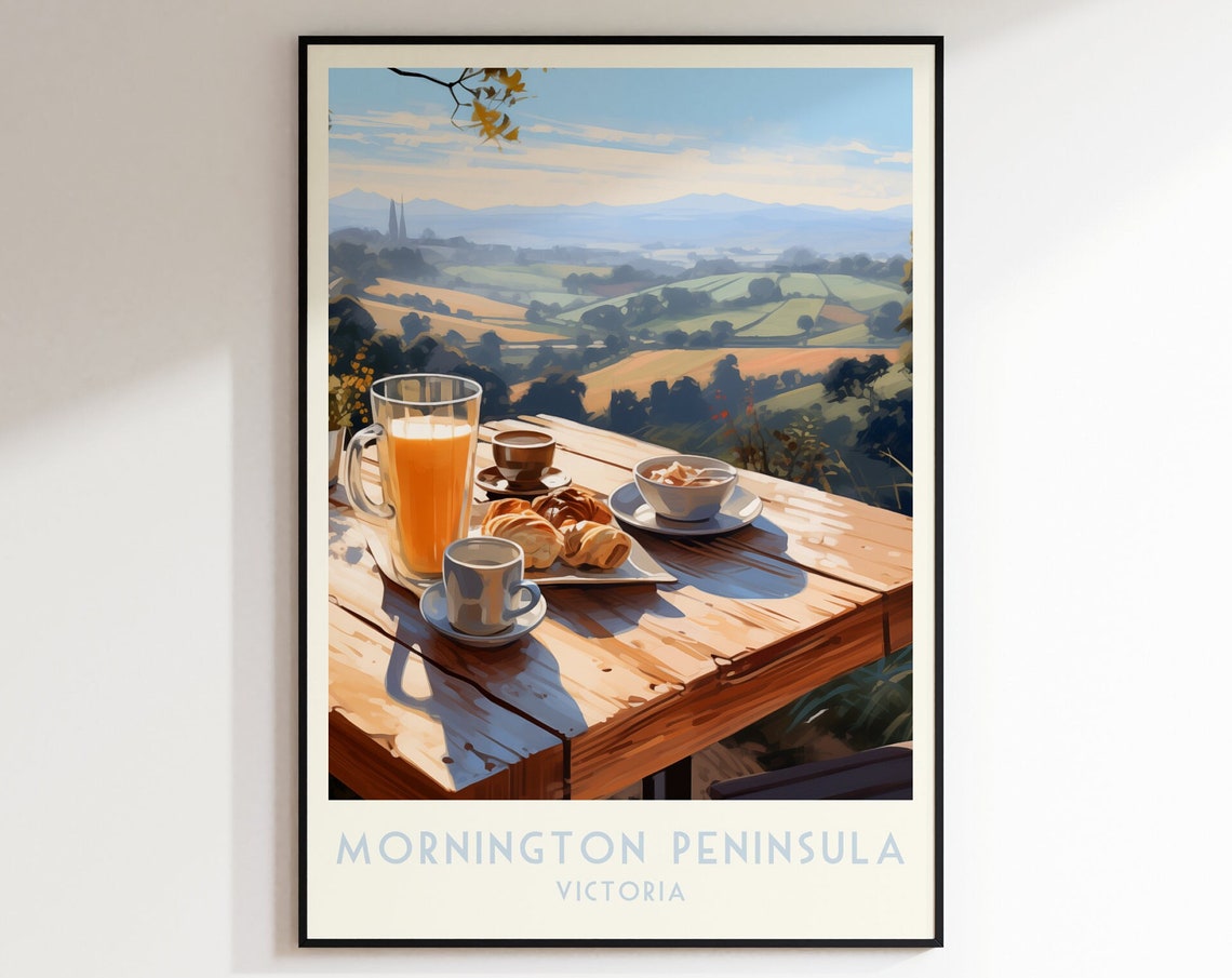 Mornington Peninsula Poster with Breakfast Spread Overlooking Hills