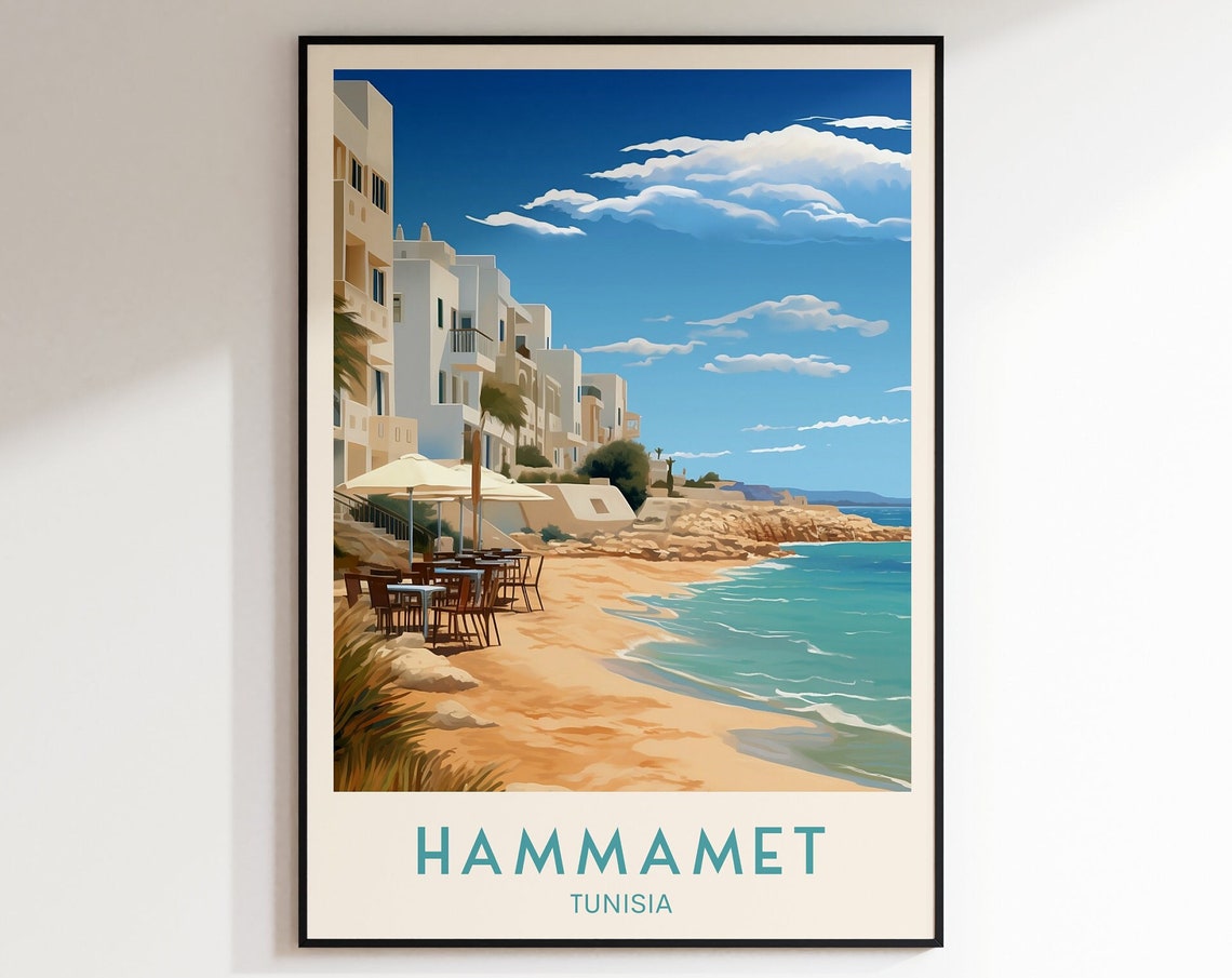 Hammamet Tunisia Beachfront Cafes Turquoise Sea Travel Poster Art