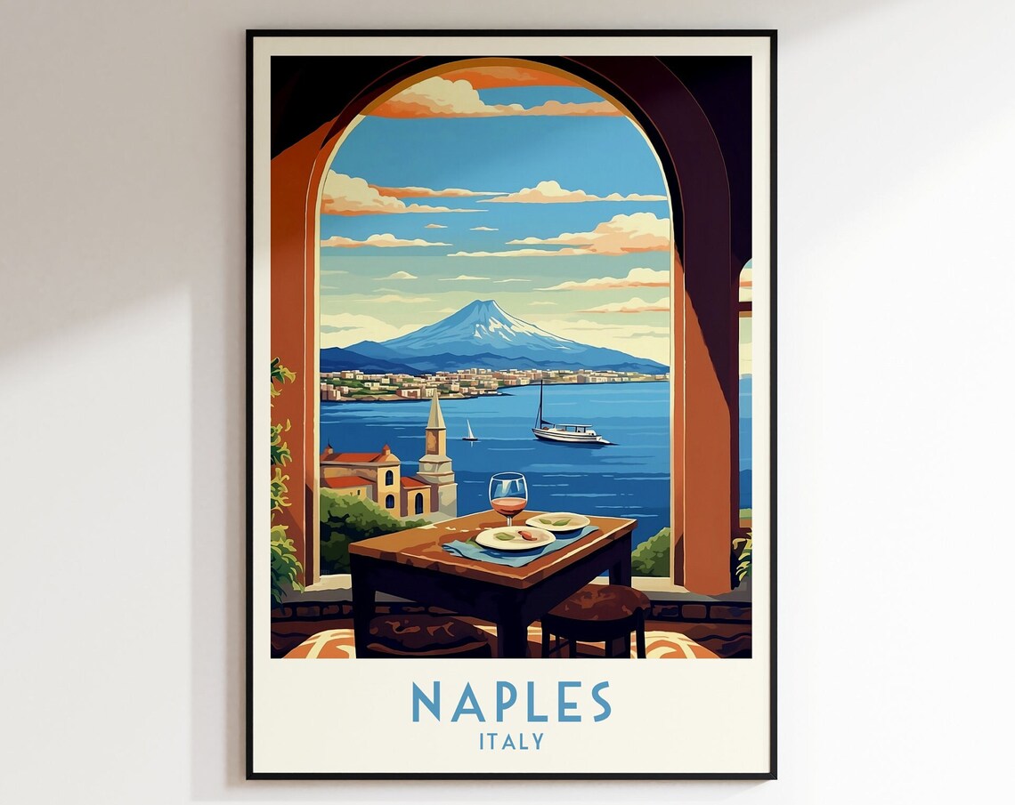 Naples Bay Vesuvius Terrace View Wine Vintage Italy Travel Poster