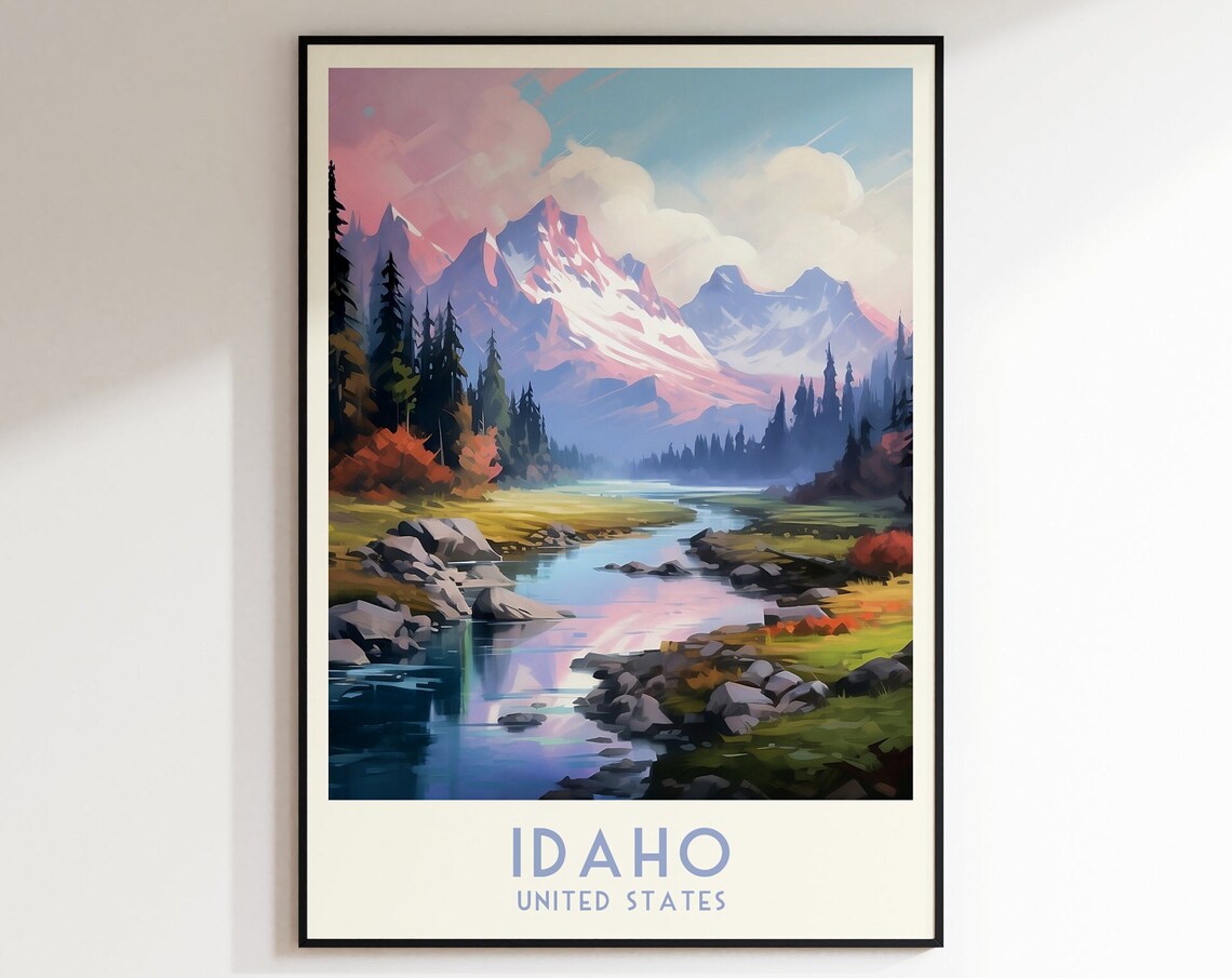 Idaho United States Snowy Mountain River Valley Travel Poster