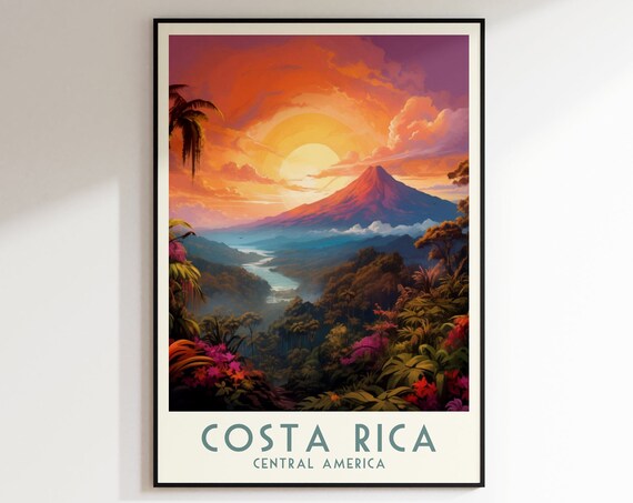 Costa Rica Volcano Sunset Over Rainforest River Travel Poster