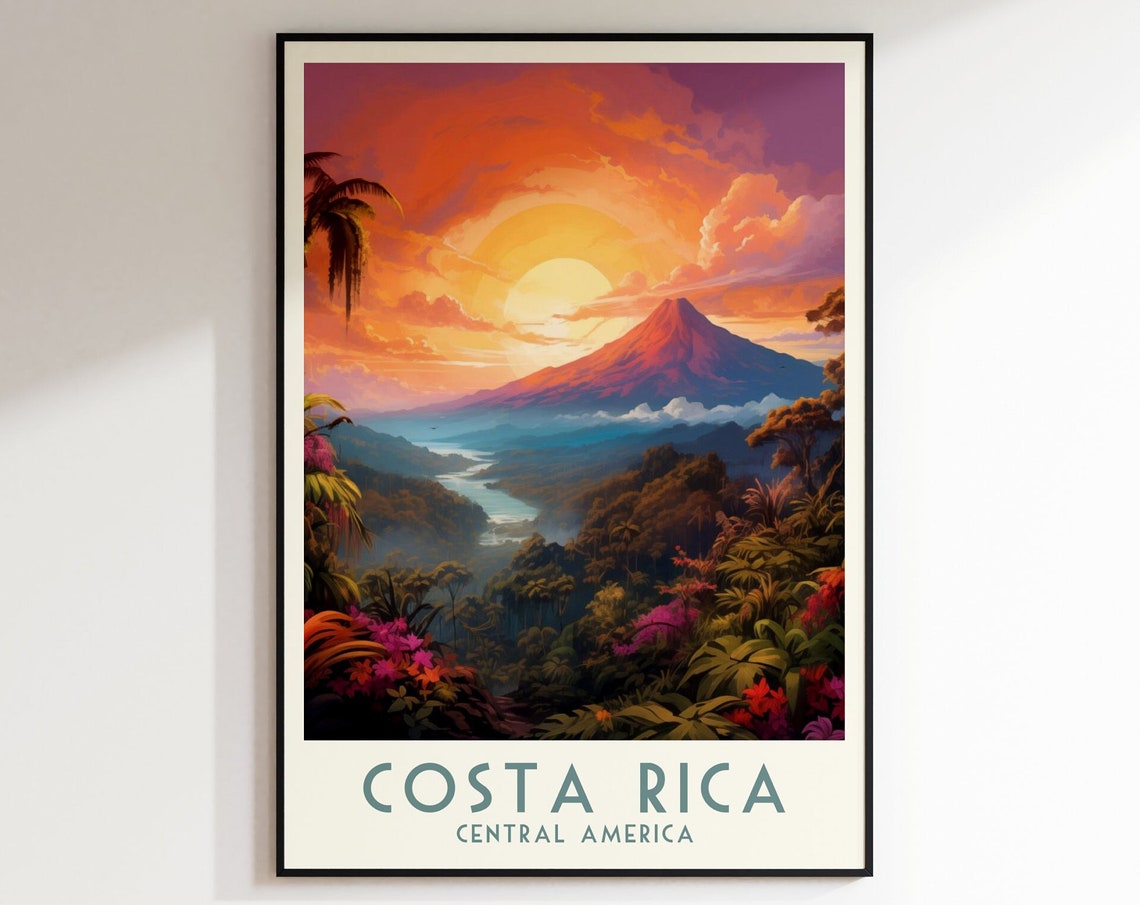 Costa Rica Volcano Sunset Over Rainforest River Travel Poster