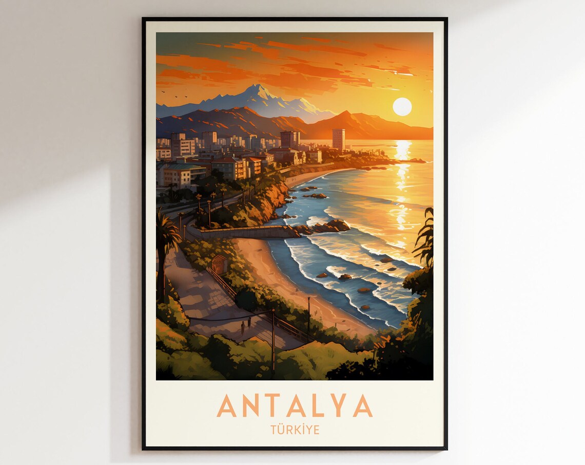 Antalya Coastal Sunset Beach Mountains Vintage Turkey Travel Poster