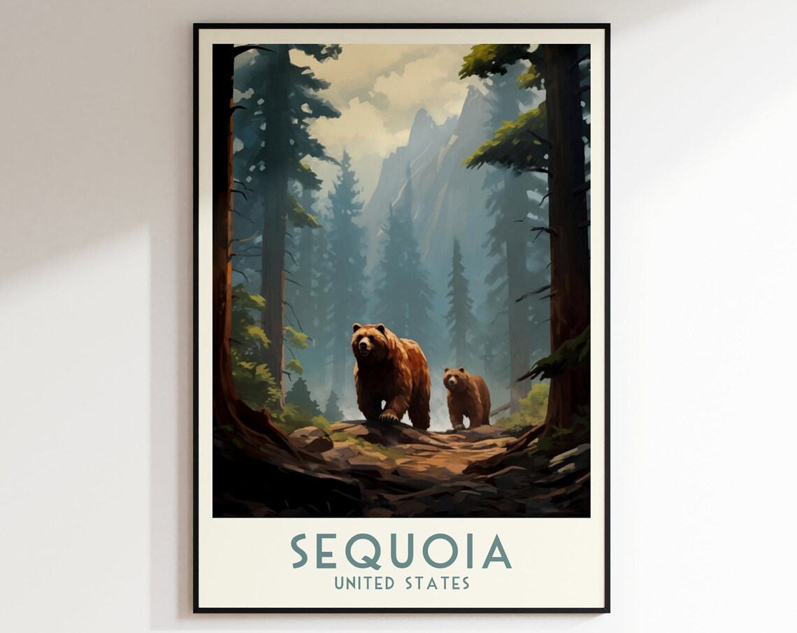 Sequoia Redwood Forest Scene with Two Bears Travel Poster Art