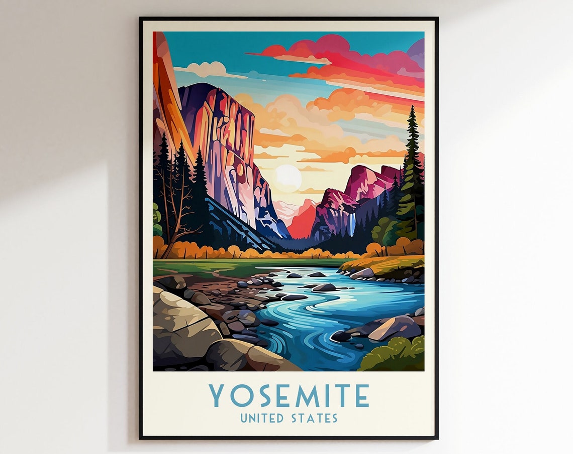 Yosemite Valley River Sunset Granite Cliffs Vintage Travel Poster