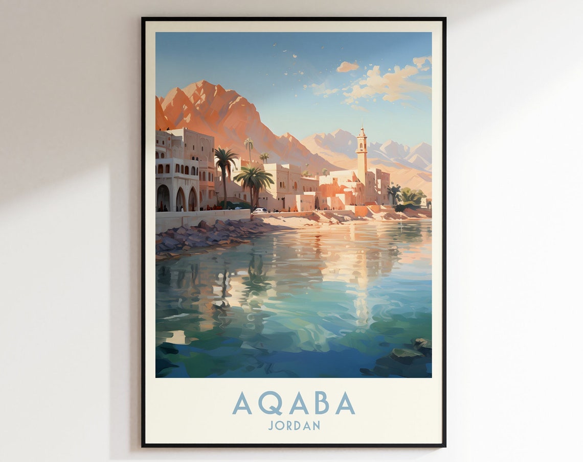 Aqaba Jordan Red Sea Waterfront Sunset Vintage Travel Poster