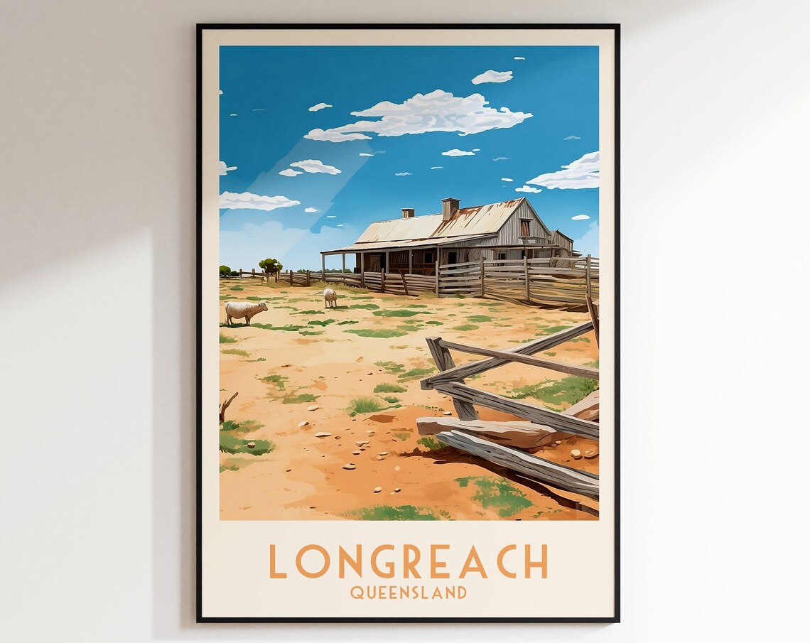 Longreach Queensland Outback Station Shed Sheep Retro Travel Poster