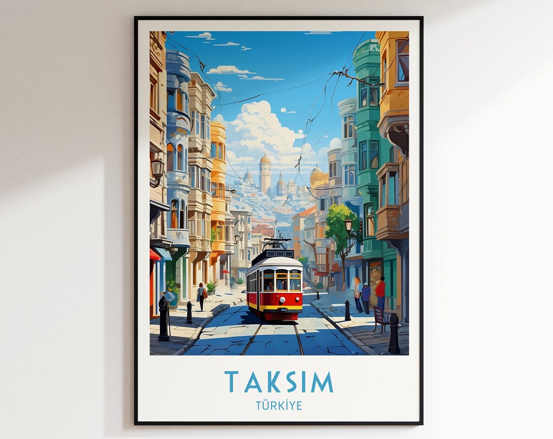 Taksim Turkiye Vintage Red Tram Istanbul Street Travel Poster