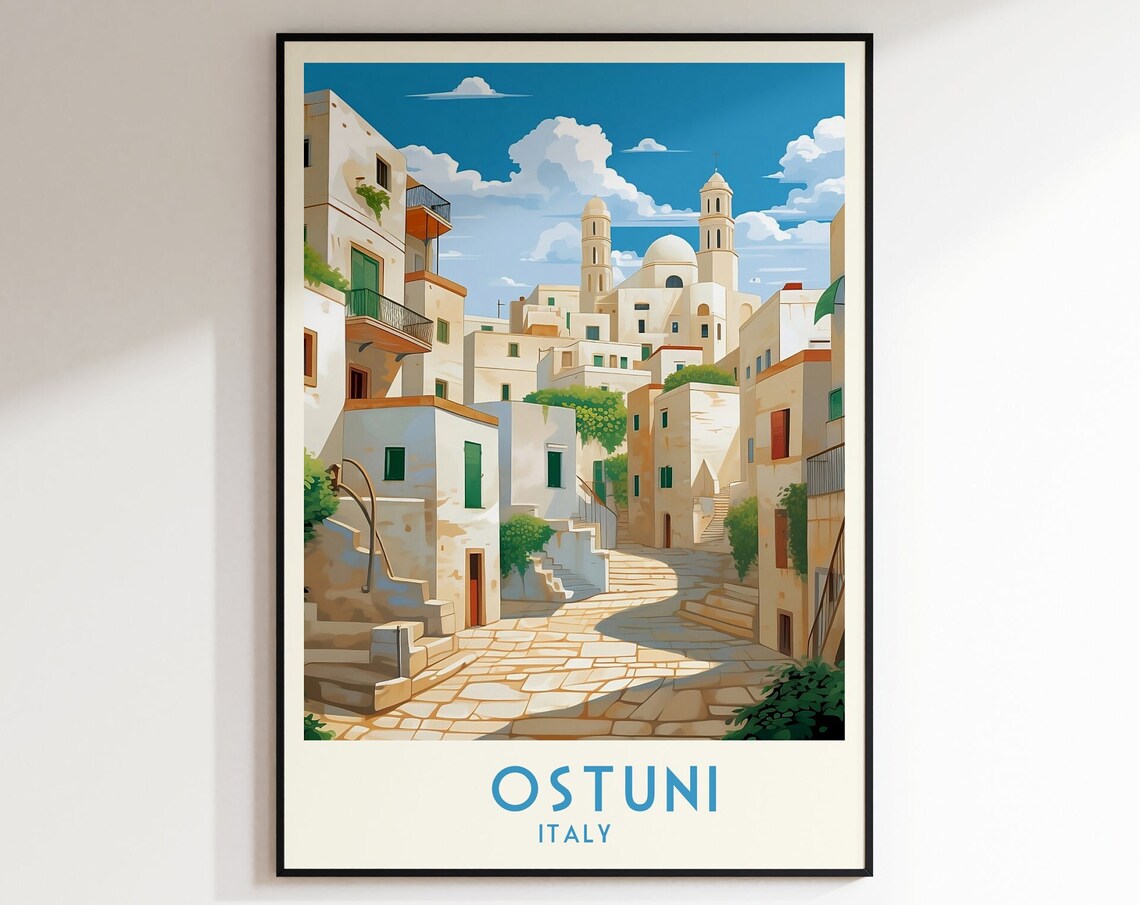 Ostuni White City Puglia Cathedral Street Vintage Italy Travel Poster
