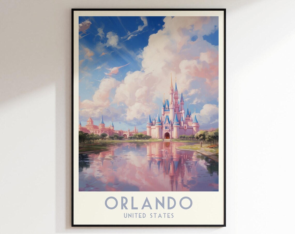 Orlando Fairytale Castle Sunset Reflection Vintage Travel Poster