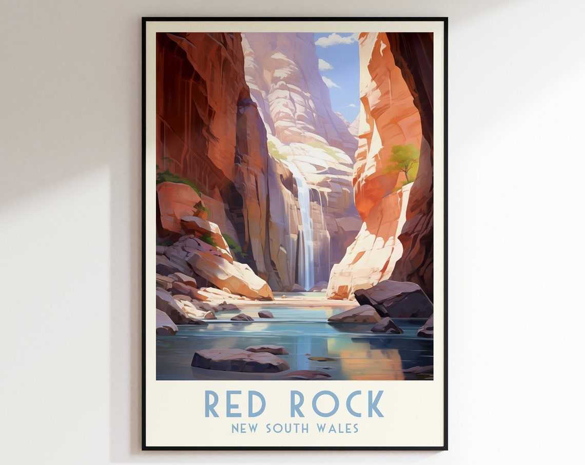 Red Rock New South Wales Poster with Canyon Waterfall and Cliffs