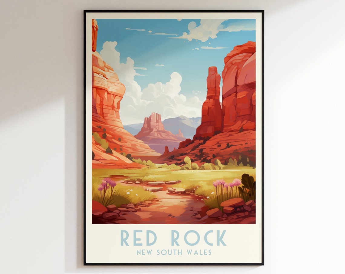 Red Rock New South Wales Poster with Red Desert Cliffs and Flowers