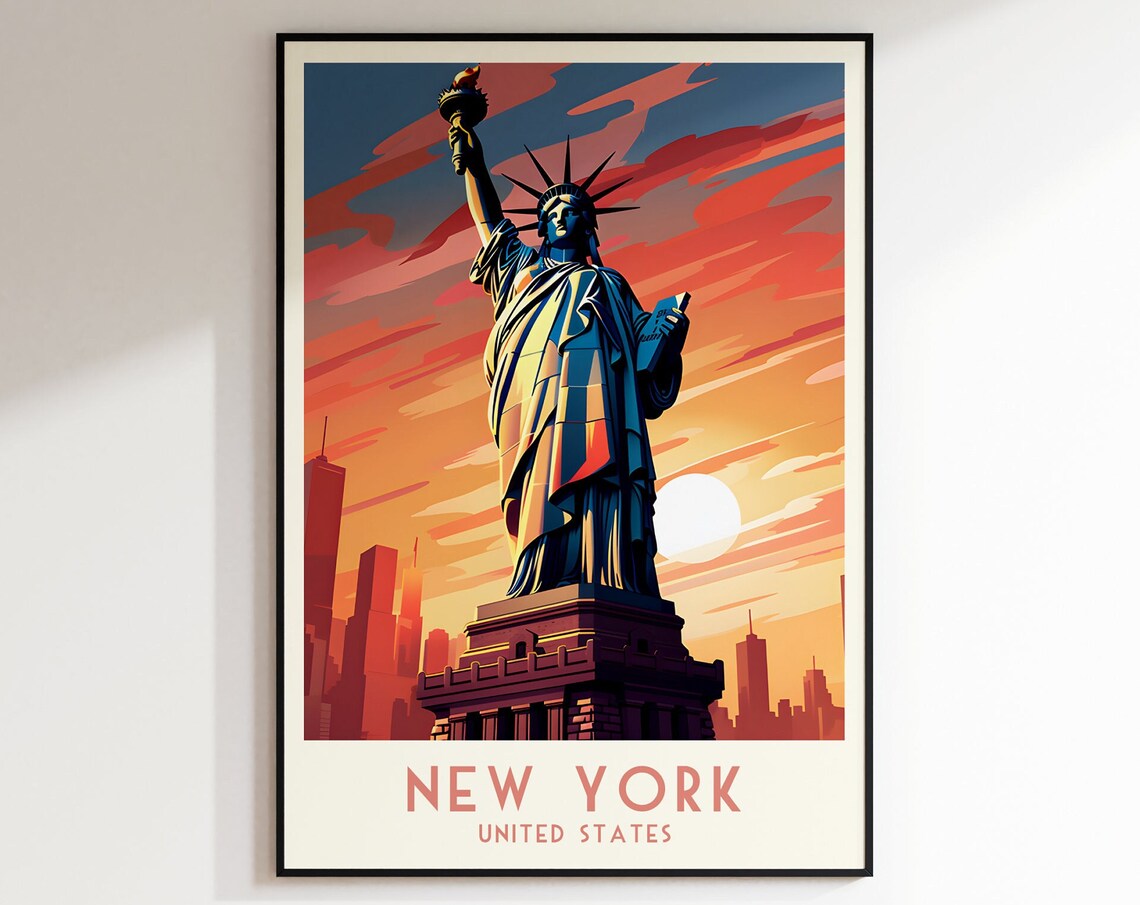 New York Statue of Liberty Fiery Sunset Vintage Travel Poster