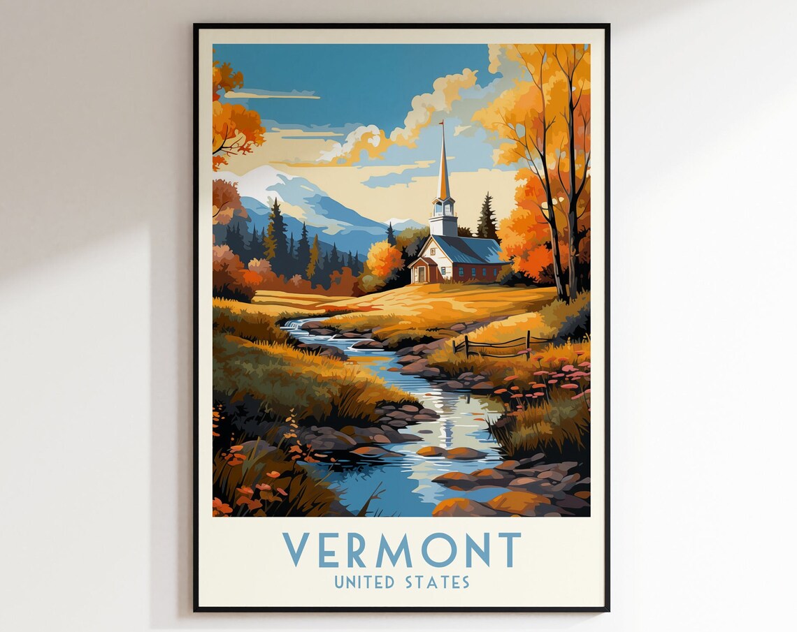 Vermont Fall Foliage Church Steeple Stream Autumn Travel Poster