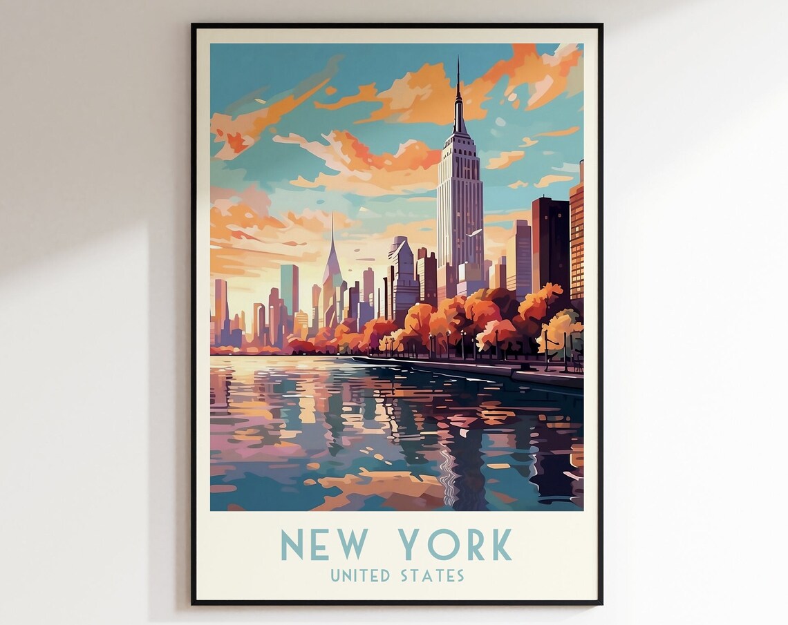 New York Manhattan Empire State Skyline Sunset Vintage Travel Poster