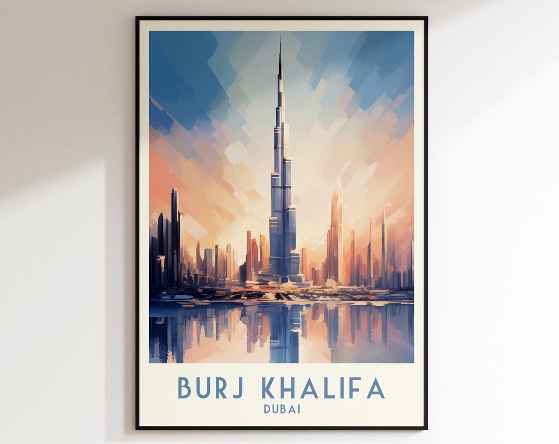 Burj Khalifa Dubai Sunset Skyline Reflections Cityscape Art Poster