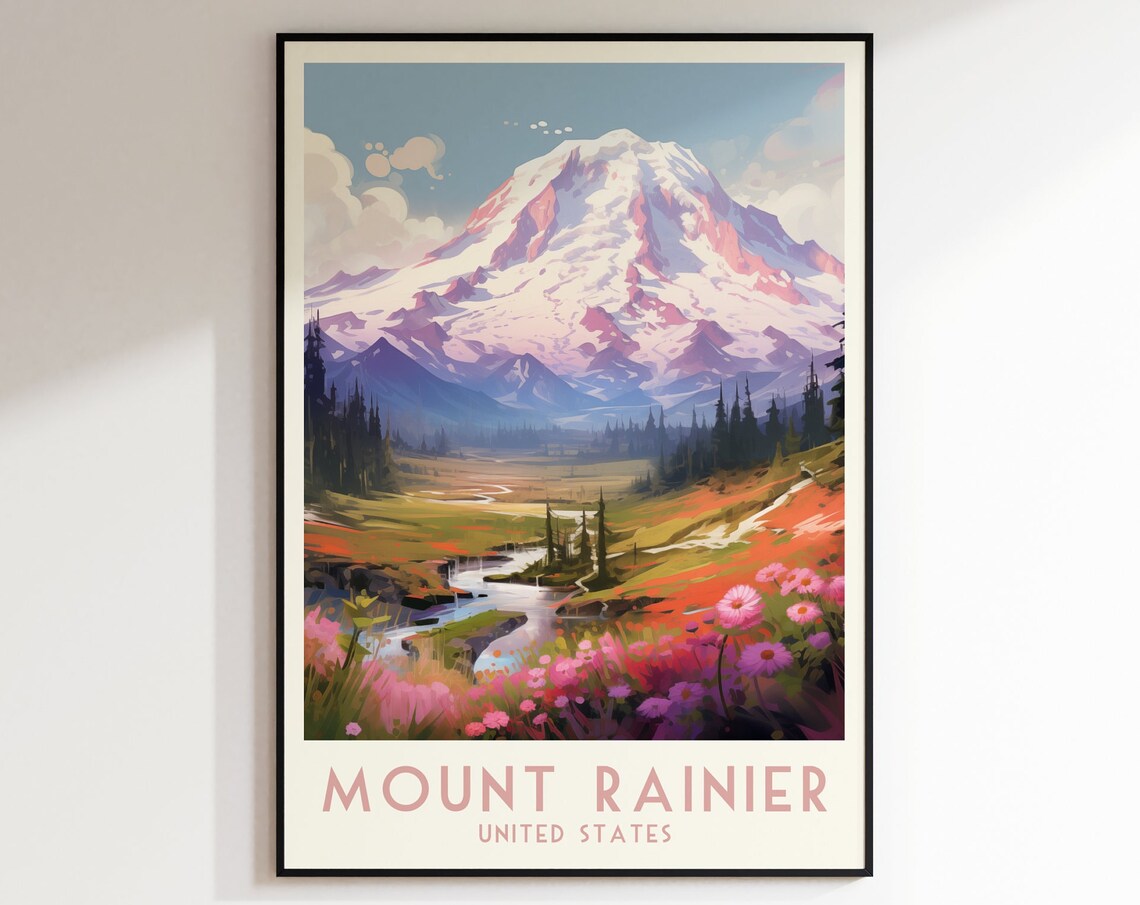 Mount Rainier United States Snow Peak Wildflowers Travel Poster