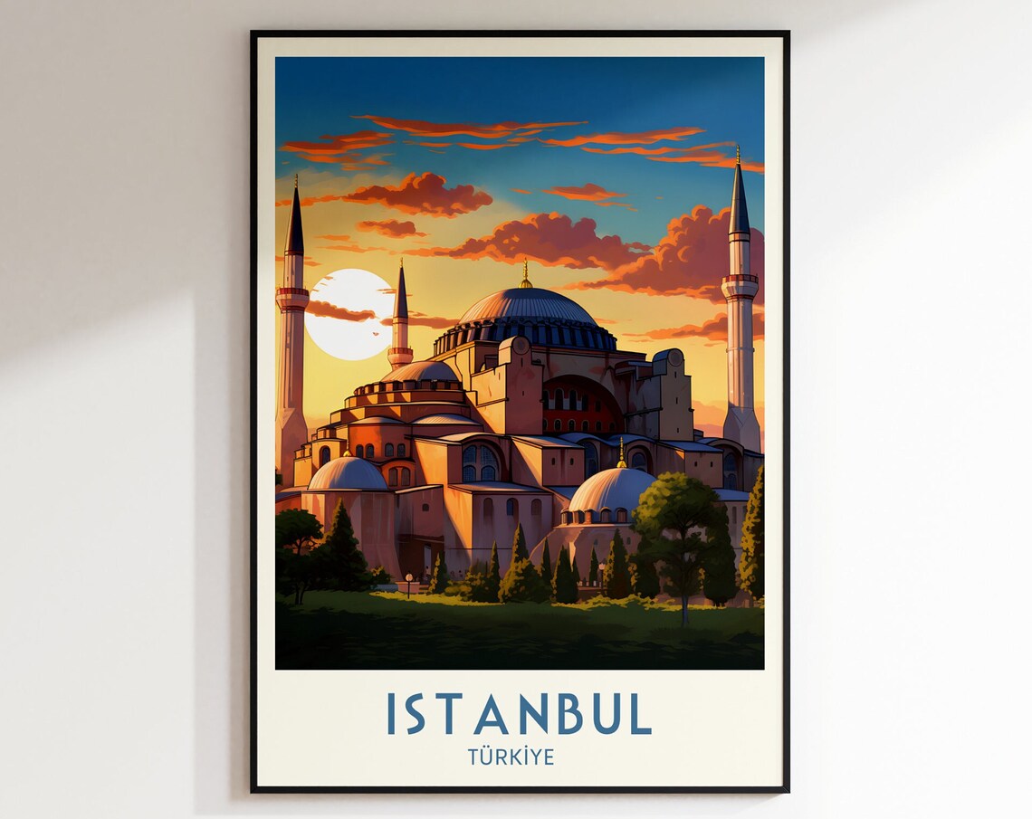 Istanbul Hagia Sophia Sunset Golden Hour Vintage Travel Poster