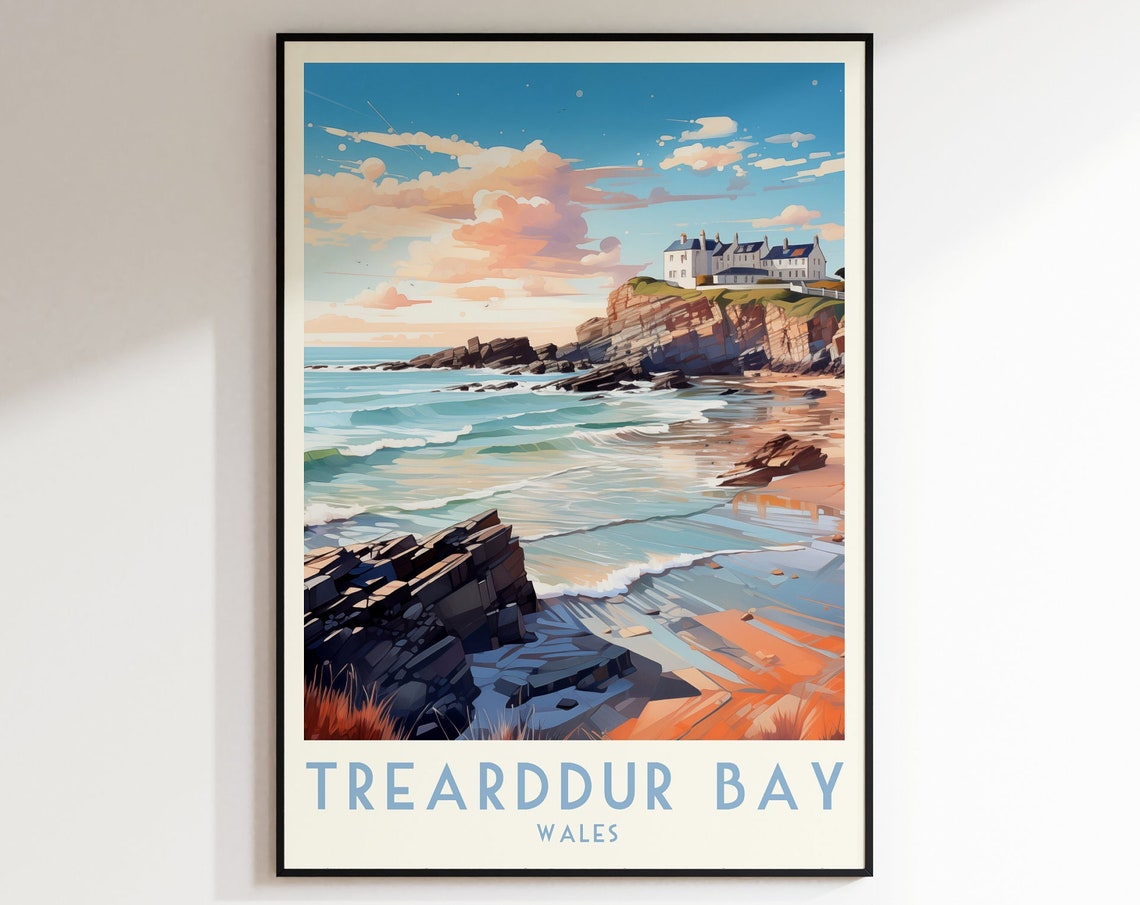 Trearddur Bay Wales White Cliffside Houses Beach Travel Poster