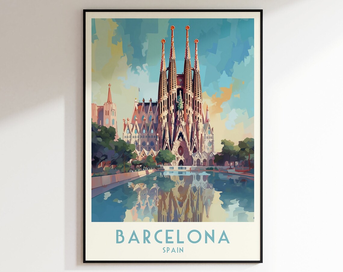 Barcelona Spain Sagrada Familia Cathedral Vintage Travel Poster