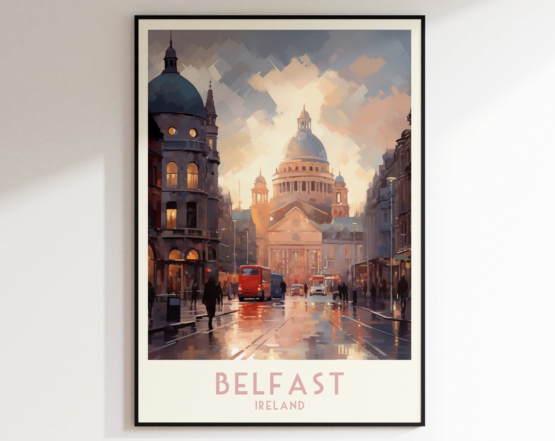 Belfast Ireland Rainy City Street Domes Sunset Travel Poster