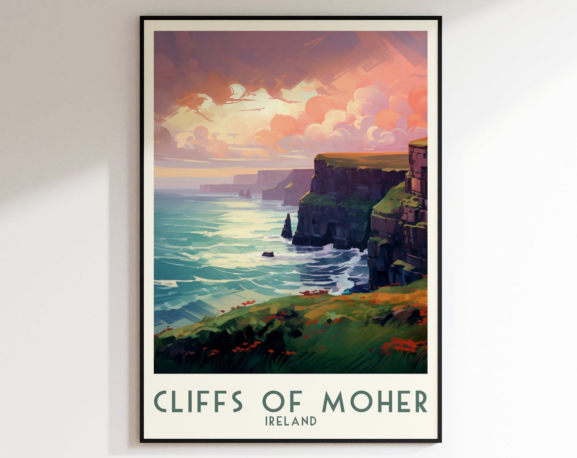 Cliffs of Moher Ireland Ocean Cliffs Sunset Waves Travel Poster