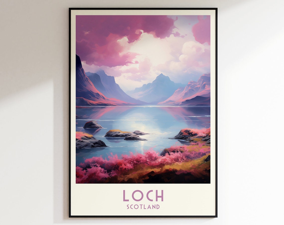 Loch Scotland Pink Dawn Mountain Lake Reflection Travel Poster