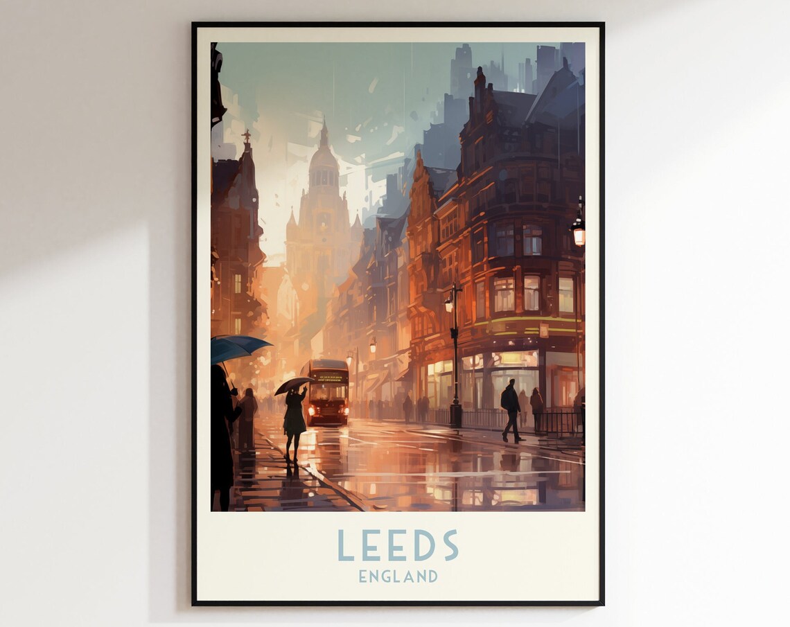 Leeds England Rainy Street Red Bus Golden Evening Travel Poster