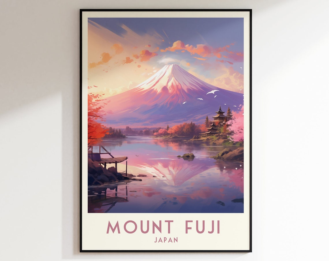 Mount Fuji Japan Cherry Blossom Pagoda Lake Reflection Poster