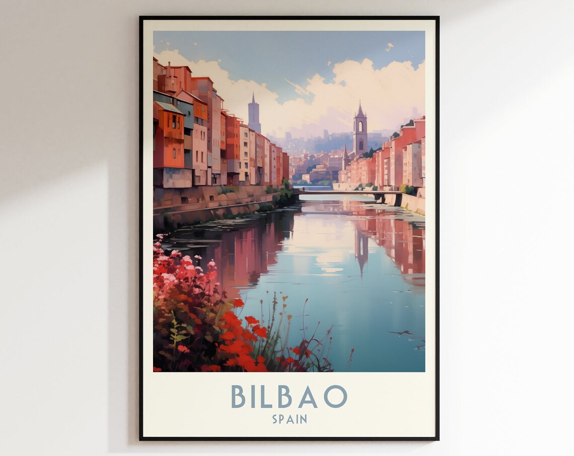 Bilbao Spain Riverside Old Town Bridge Scene Vintage Travel Poster