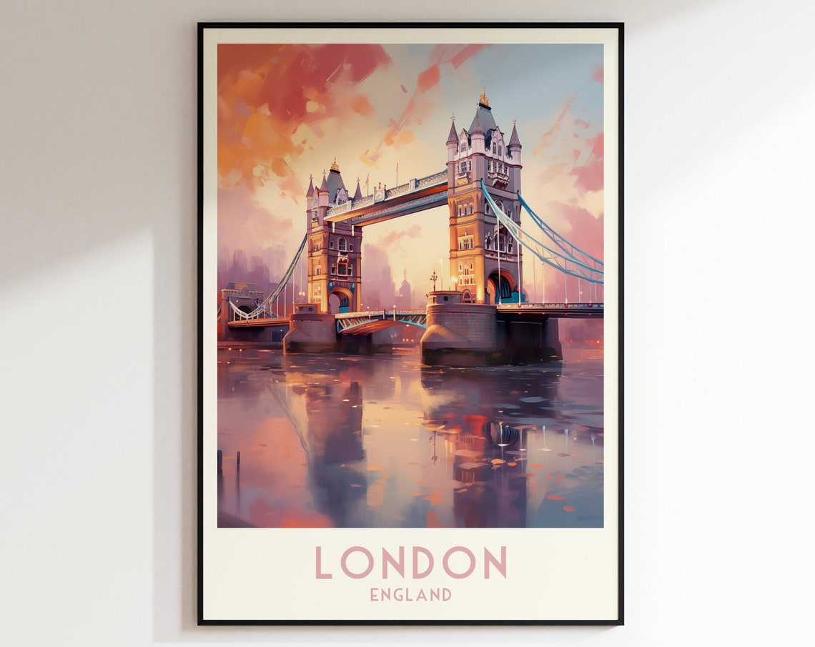 London England Tower Bridge At Sunset Watercolor Travel Poster
