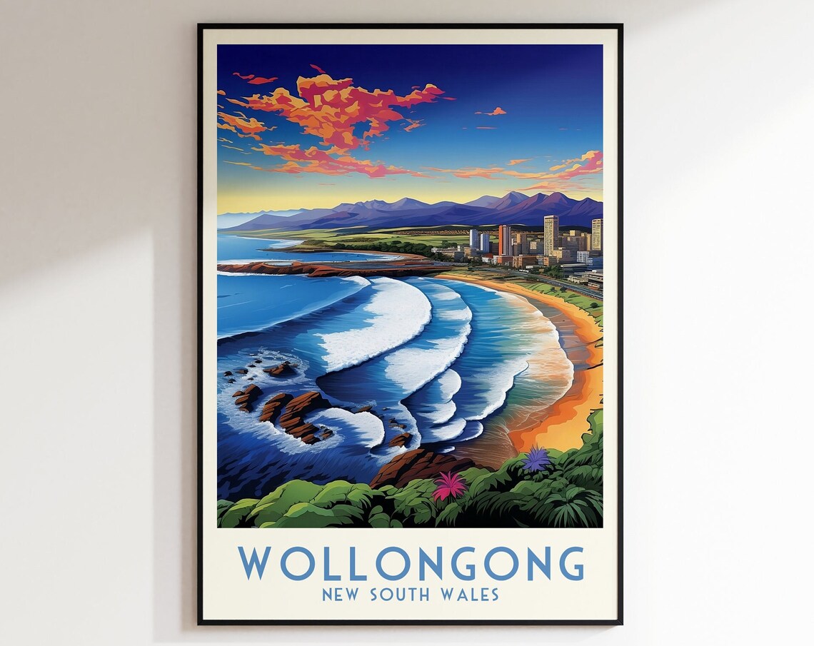 Wollongong New South Wales Vintage Surf Beach City Skyline Poster