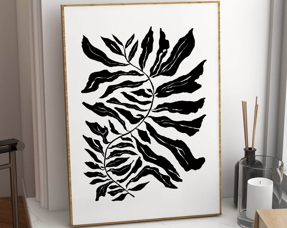 Modern Black White Botanical Leaf Branch Minimalist Decor Poster