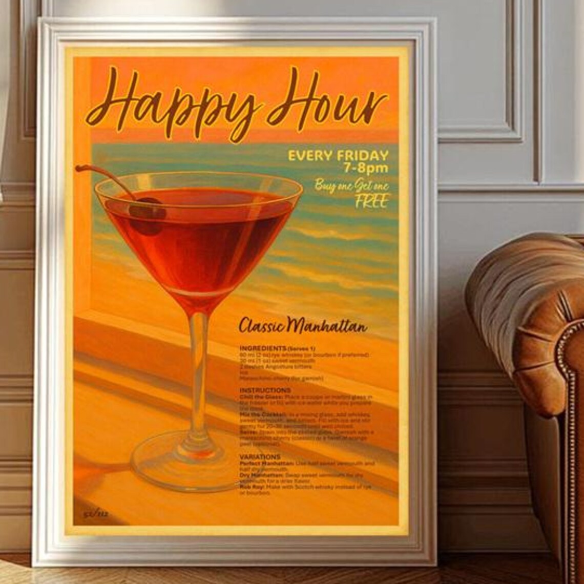 Happy Hour Classic Manhattan Cocktail Recipe Vintage Bar Poster