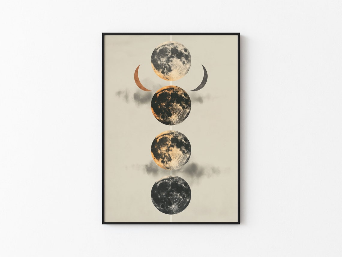 Four Moons Stacked Smoky Clouds Crescent Abstract Art Poster