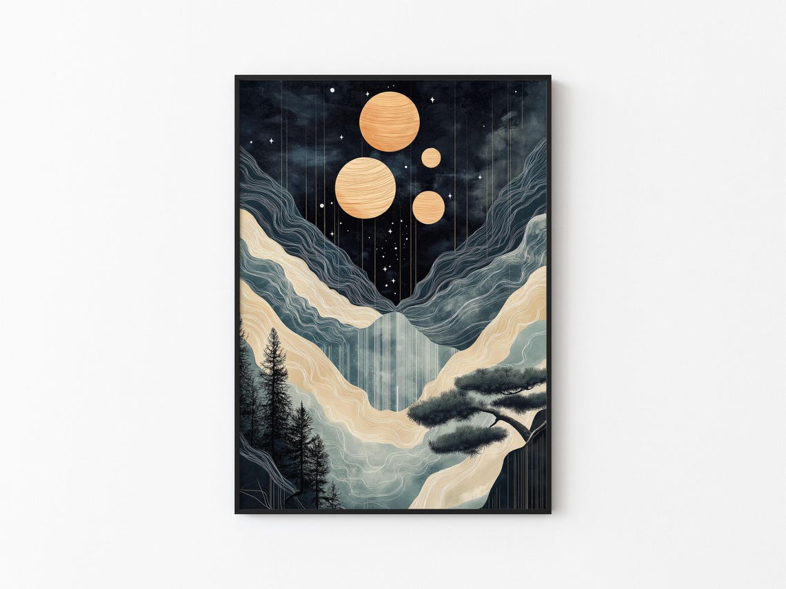 Four Spiral Gold Moons Misty Waterfall Pines Enchanted Night Poster - Image 3