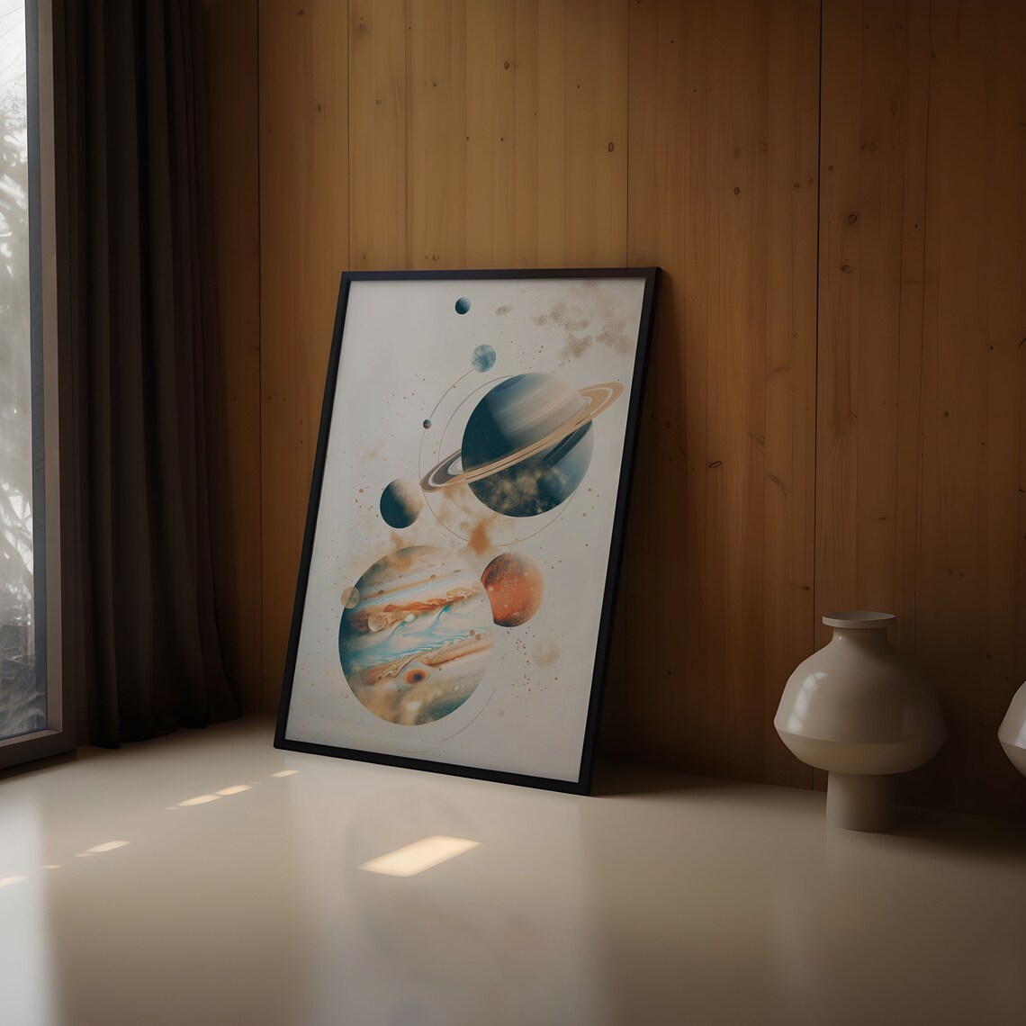 Ringed Planet Jupiter Watercolor Planets Gold Orbit Cream Art Poster - Image 2