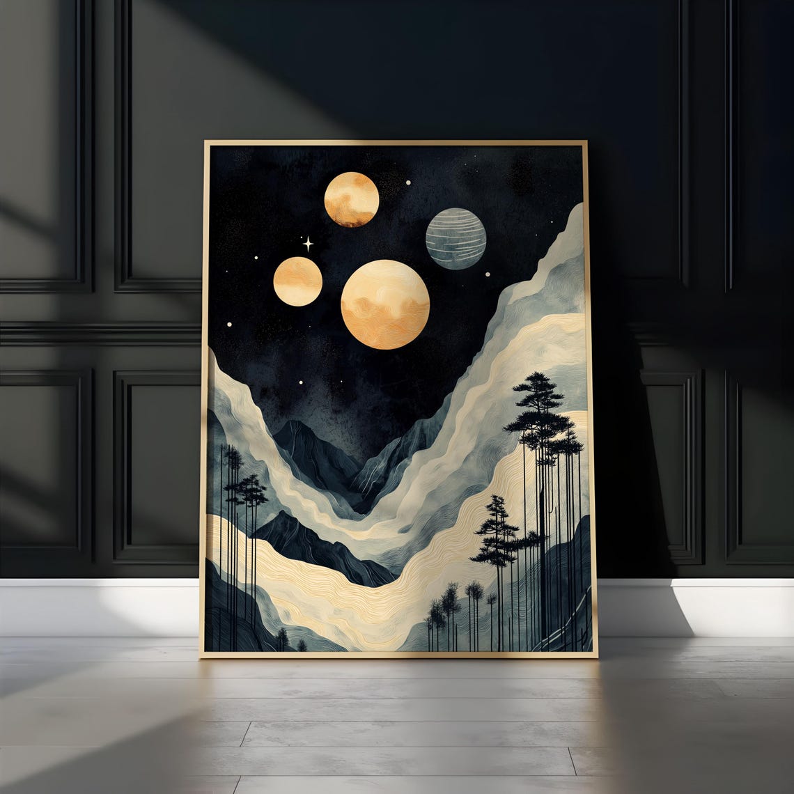 Four Planets Moonlit Valley Tall Pines Starry Night Landscape Poster