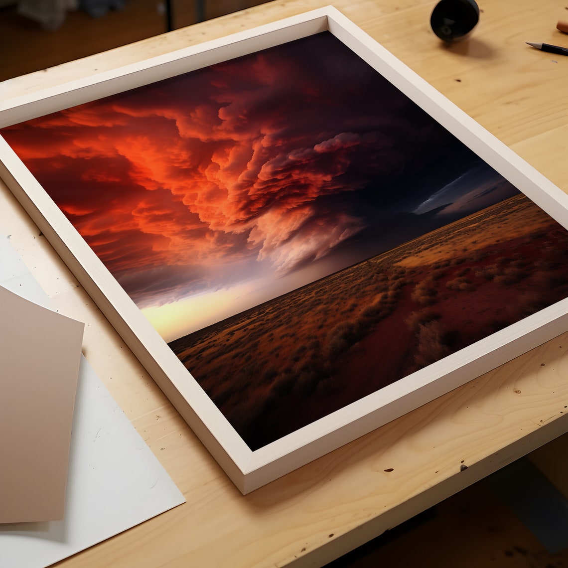 Rotating Red Orange Cloud Column Over Desert Scrubland Poster - Image 2