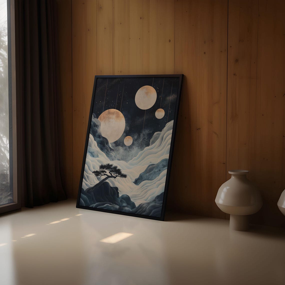 Four Cream Moons Cloud Waves Pine Cliff Starry Night Calm Art Poster - Image 2