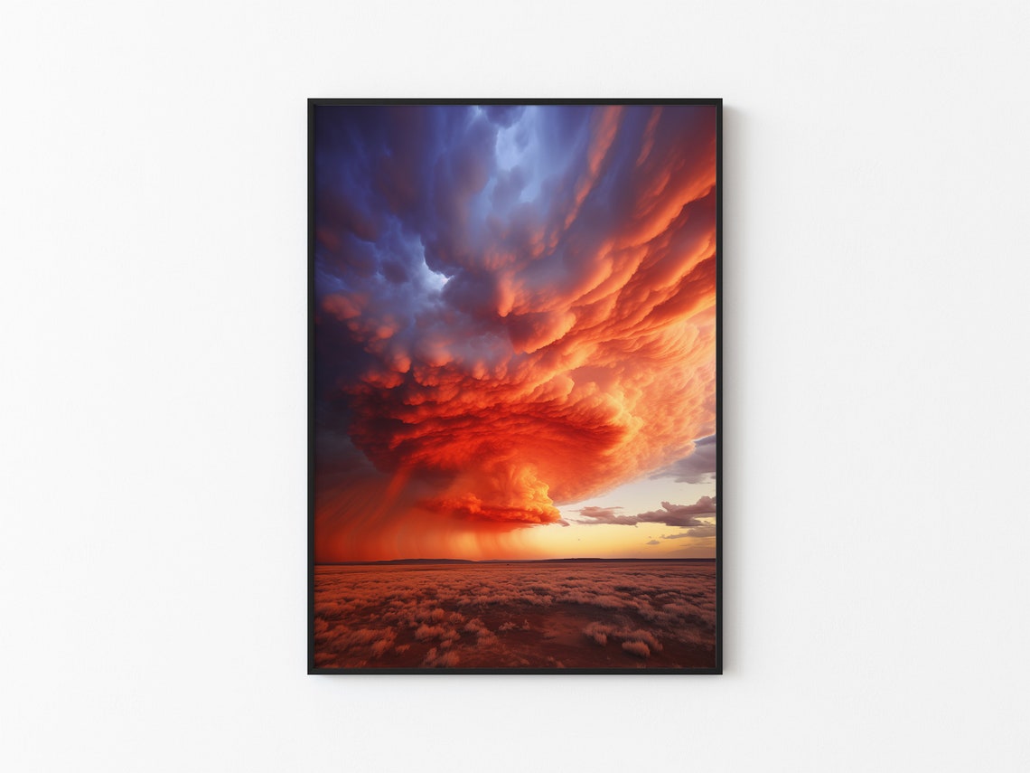 Dramatic Crimson Storm Clouds Sunset Desert Landscape Art Poster