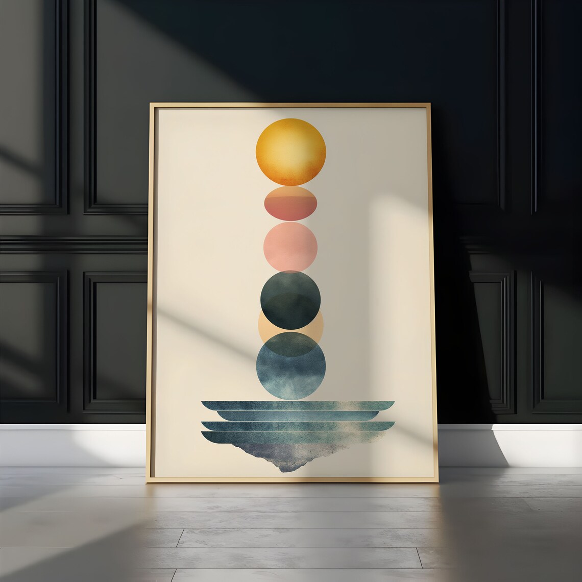 Gold Sun Orb Column Watercolor Balanced Teal Wave Base Abstract Art Print - Image 3