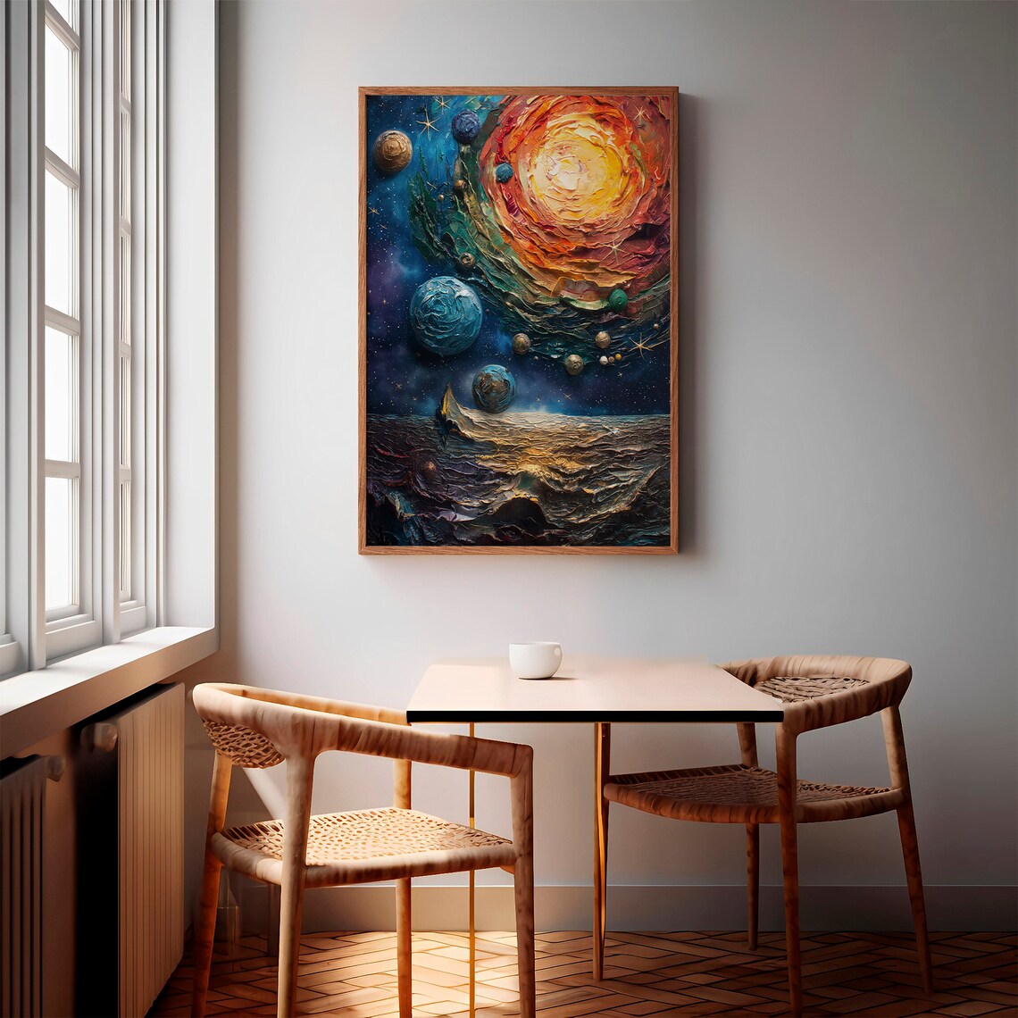 Orange Spiral Sun Teal Planet Ocean Waves Impasto Art Poster - Image 3