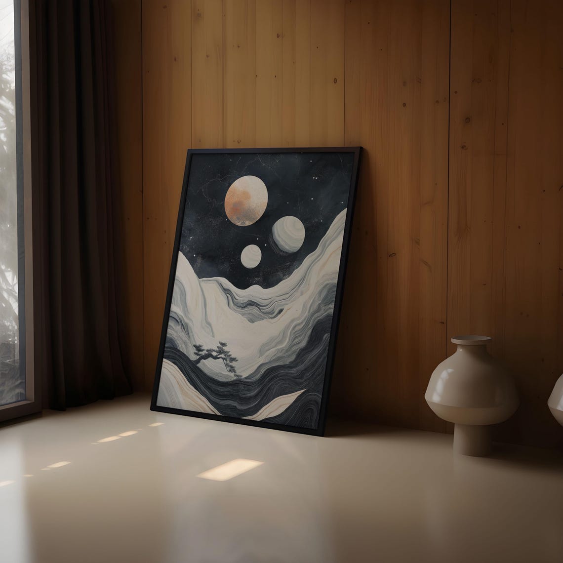 Peach Moon Silver Moons Marbled Wave Valley Tree Night Sky Art Poster - Image 2