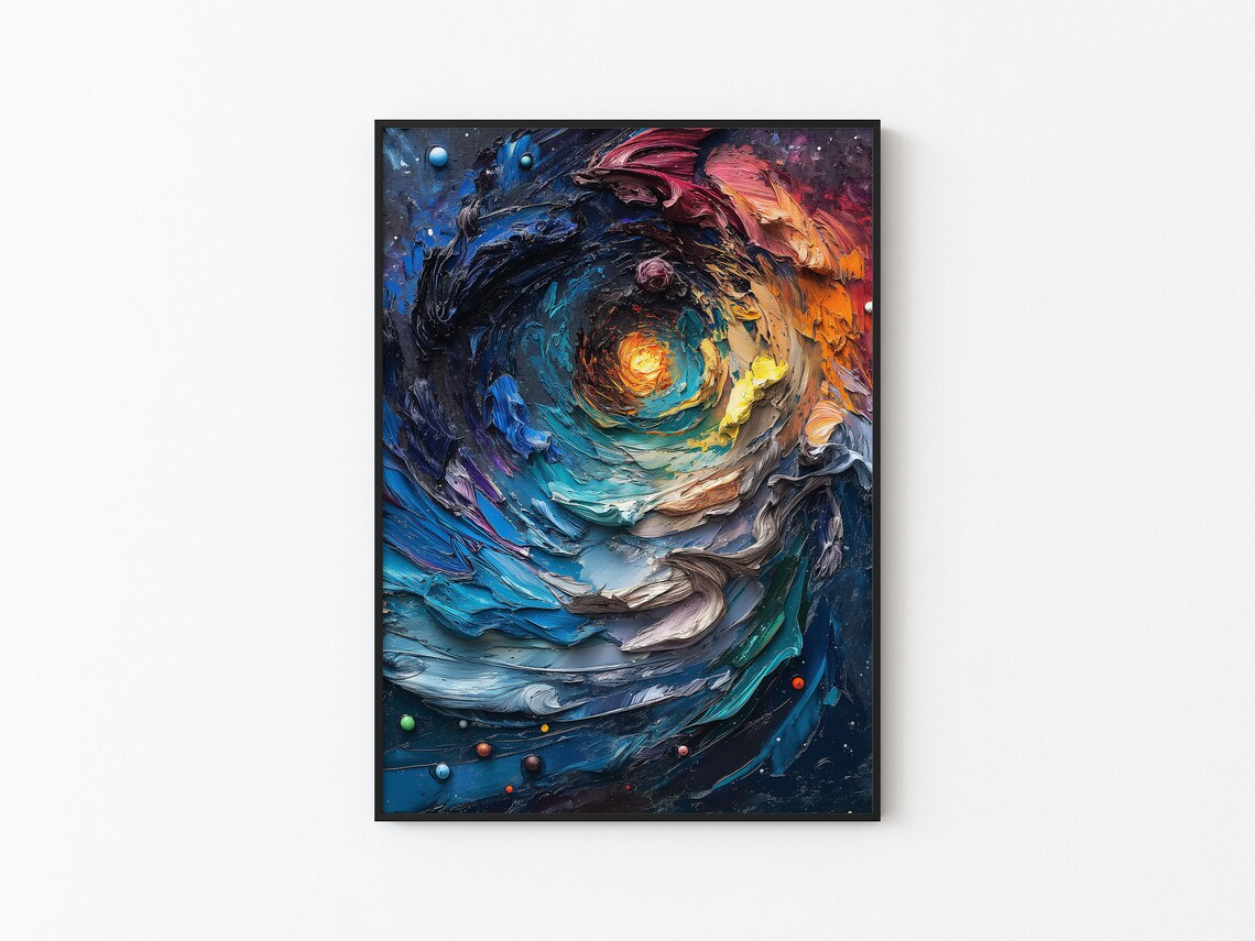 Blue Spiral Vortex Golden Center Starry Sky Impasto Art Poster