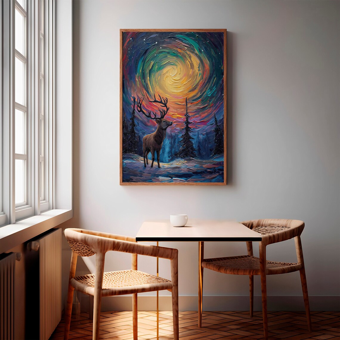 Red Deer Gazing at Swirling Teal and Gold Aurora Night Poster - Image 3