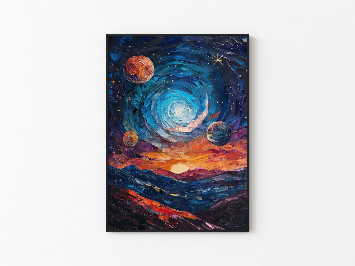 Blue Vortex Galaxy Three Planets Sunset Horizon Impasto Art Poster
