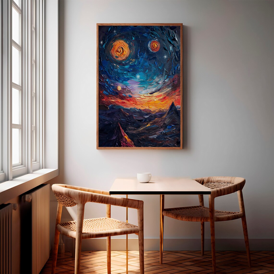 Twin Golden Spiral Galaxies Mountain Peaks Impasto Art Poster - Image 3