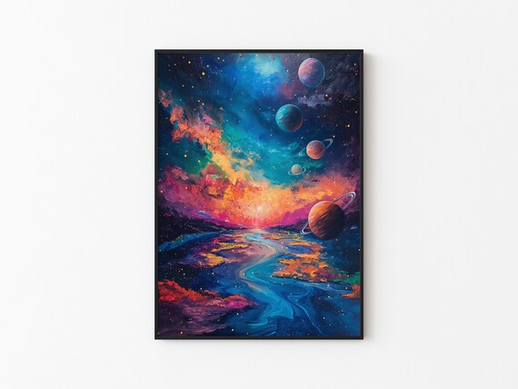 Ringed Planets Turquoise Ocean River Pink Nebula Cosmic Poster